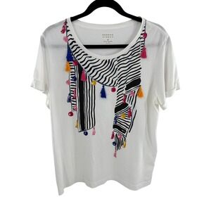 Kate Spade Broome Street Womens White Graphic T Shirt Tee Top XL Tassels